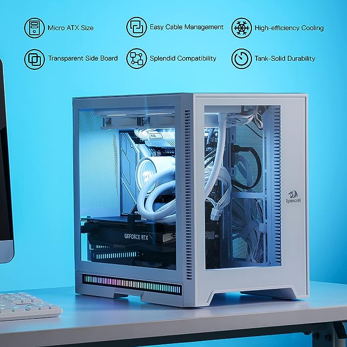 Redragon GCMC211 ITX Hot Rod Gaming PC Case, M-ATX Chassis, 2 Tempered Glass Panels & High Airflow Panels, 240mm Radiator Support, Rhythm Sync Lighting Bar, White Redragon GCMC211 ITX Hot Rod Gaming PC Case, M-ATX Chassis, 2 Tempered Glass Panels & High Airflow Panels, 240mm Radiator Support, Rhythm Sync Lighting Bar, White